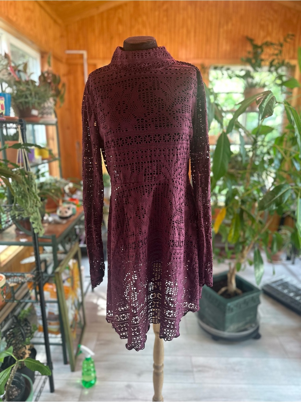 Free People Burgundy Crochet Long Sleeve Dress